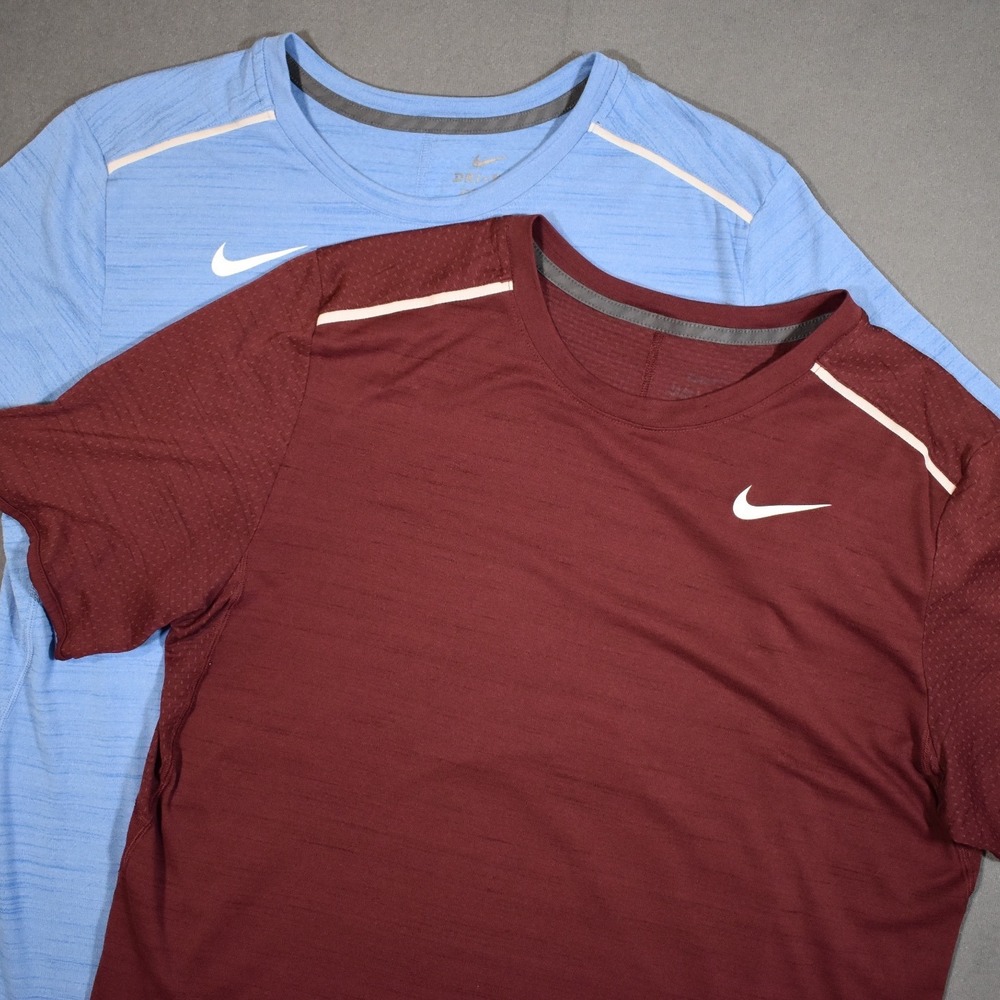 [Lot of 2] Nike Dri-FIT Sideline Slant Drop Hem Tee Maroon Light Blue Mens Large